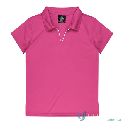 Pink short-sleeved polo shirt from Ladies Yarra Polo, comfy fabric perfect for workwear and uniforms