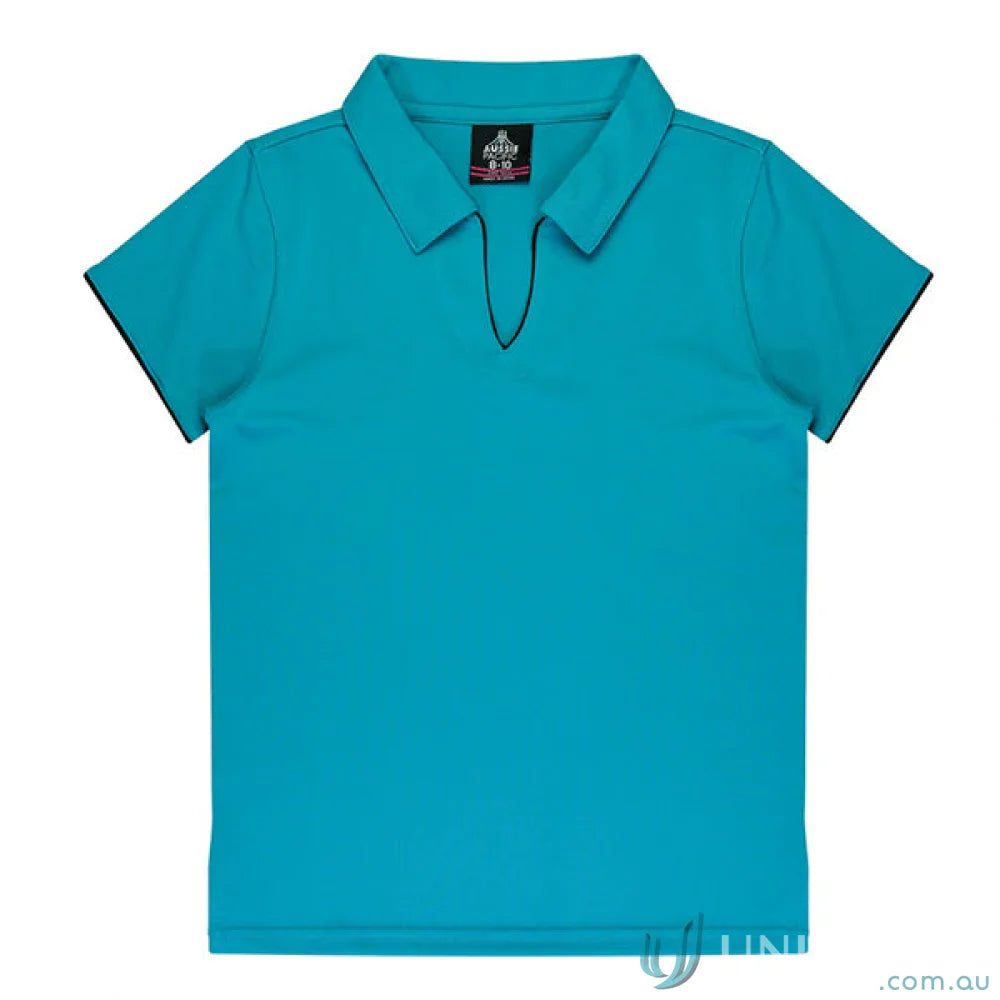 Ladies Yarra Polo in turquoise fabric with black trim, perfect for uniforms or workwear