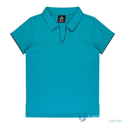 Ladies Yarra Polo in turquoise fabric with black trim, perfect for uniforms or workwear