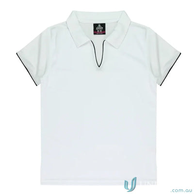 Ladies Yarra Polo in soft fabric, perfect for uniforms and workwear, with black trim