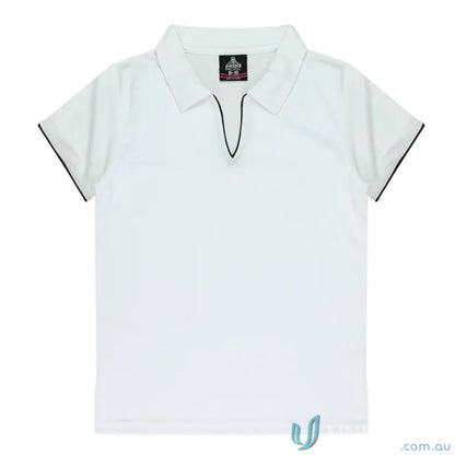 Ladies Yarra Polo in soft fabric, perfect for uniforms and workwear, with black trim