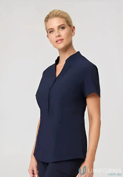 Navy blue short-sleeved tunic from City Collection Ladies Zip Back in recycled polyester