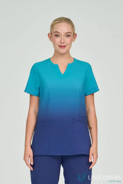 LadiesSea sea blue ombre scrub top with princess seams and welt pocket