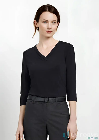 K819LT Biz Lana 3Qtr Sleeve Top in jersey knit with pleated v-neck style