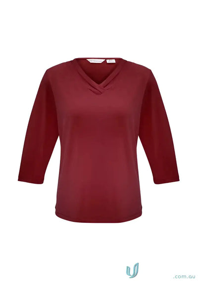 Lana 3Qtr Sleeve Top in maroon with jersey knit fabric and pleated V-neck design