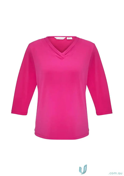 Fuchsia Jersey Knit Lana 3Qtr Sleeve Top with Pleated V-Neck for K819LT Biz style