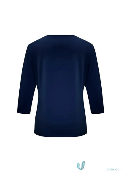 Navy blue Lana 3qtr Sleeve Top in jersey knit with pleated V-neck, perfect for k819lt biz