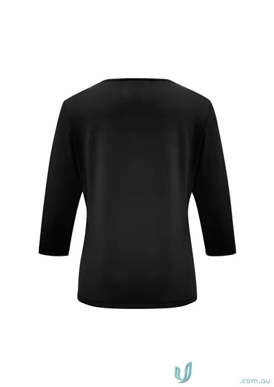 Black Jersey Knit Lana 3Qtr Sleeve Top with Pleated V-Neck for k819lt biz style