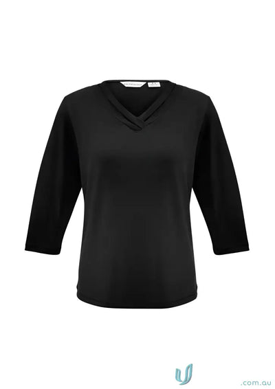 Black k819lt Biz jersey knit Lana 3qtr Sleeve Top with pleated V-neck style