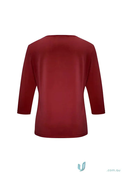 Burgundy Jersey Knit Lana 3qtr Sleeve Top with Pleated V-Neck k819lt biz