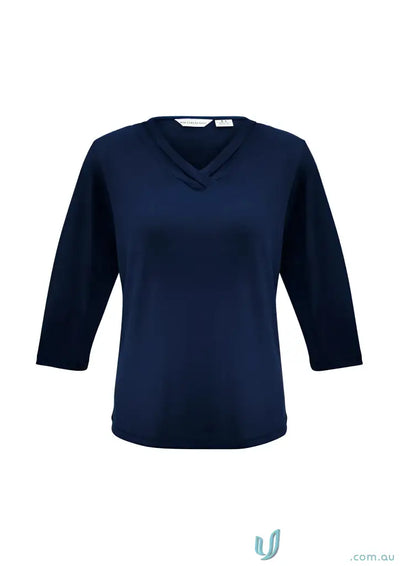 Navy blue Lana 3Qtr Sleeve Top in jersey knit with pleated v-neck, stylish k819lt biz look