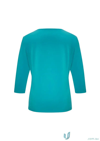 Turquoise Lana 3Qtr Sleeve Top in jersey knit with pleated V-neck, perfect for K819LT Biz