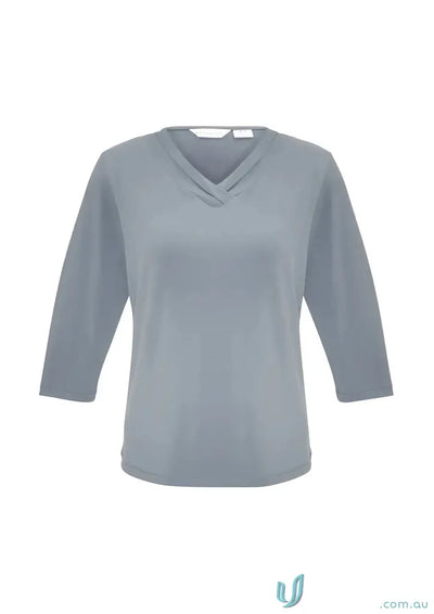Gray jersey knit Lana 3qtr Sleeve Top with pleated v-neck, style k819lt biz