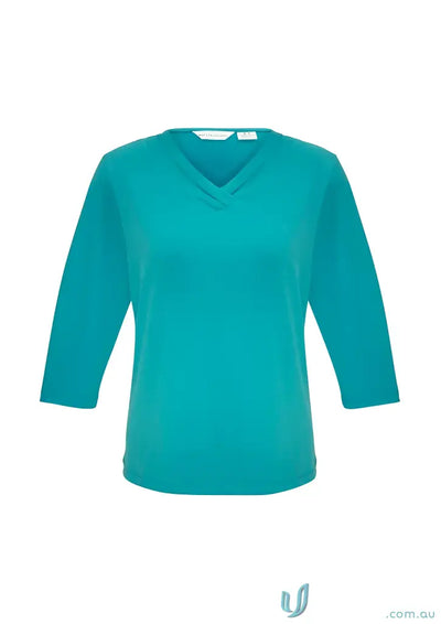 Teal jersey knit Lana 3qtr Sleeve Top with pleated V-neck for k819lt biz style