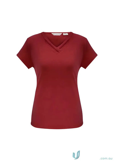 Maroon Lana Top with V-neck, fashionable pleat fold, jersey knit short sleeve tee