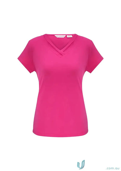 Fuchsia Lana Top with V-neck, short sleeve, fashionable pleat fold in jersey knit