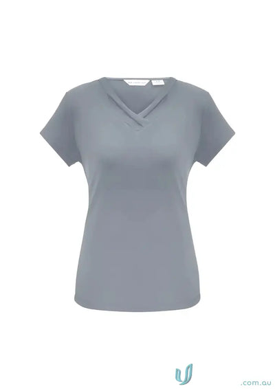 Gray Lana Short Sleeve V-Neck Top with fashionable pleat fold in soft jersey knit