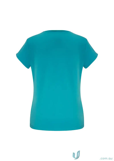 Turquoise Lana Short Sleeve Top with fashionable pleat fold in soft jersey knit