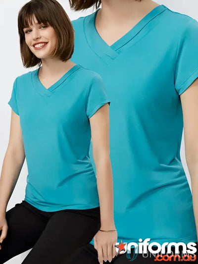 Teal V-neck Lana Top made of jersey knit with fashionable pleat fold design