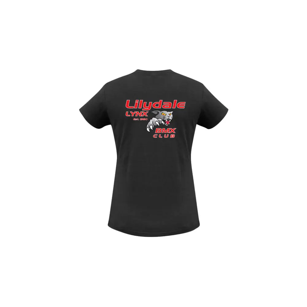 Black short-sleeved lbmx club ladies tee with lynx graphic and lilydale lynx bmx club text on back, great for work uniforms