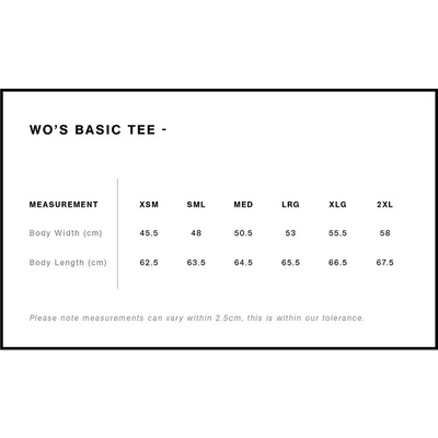 Lbmx club ladies tee basic size chart showing body width and length for uniforms and workwear sizes xsm to 2xl