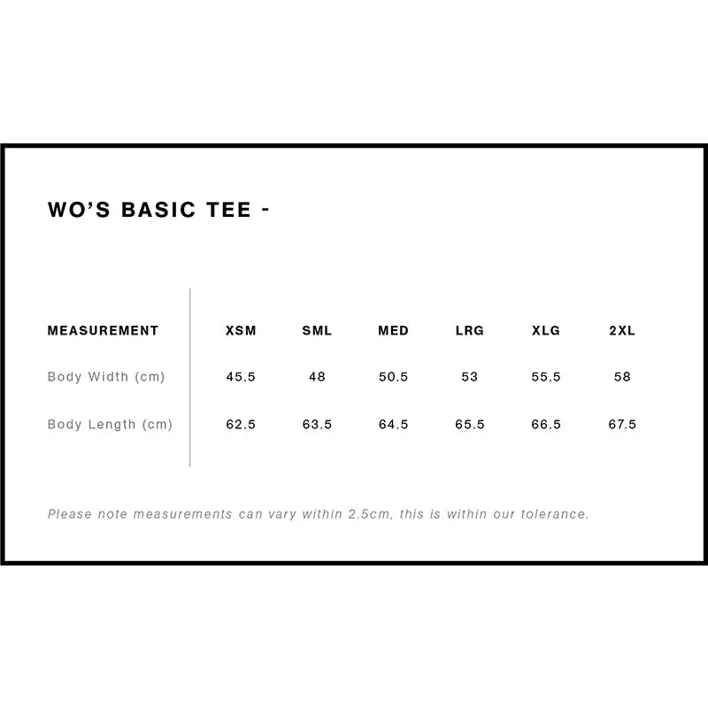 Lbmx club ladies tee basic size chart showing body width and length for uniforms and workwear sizes xsm to 2xl