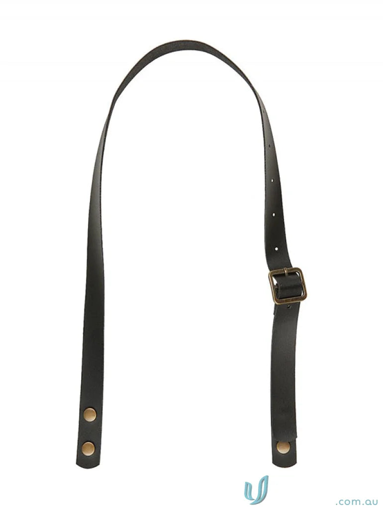 Black leather look apron neck strap with brass buckle and rivets for durable wear