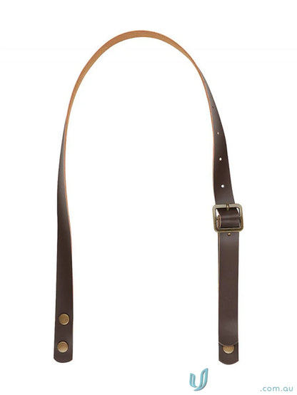 Brown leather apron neck strap with brass buckle and rivets, featuring detachable PVC leather and double reinforced push studs