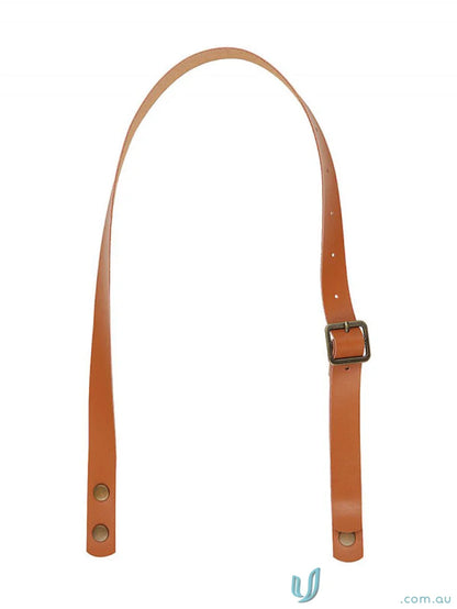 Tan leather apron neck strap with bronze buckle and double reinforced push studs
