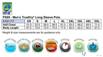 Men’s dry fashion long sleeve polo sizing chart and fabric details for Legend Air L/S Polo