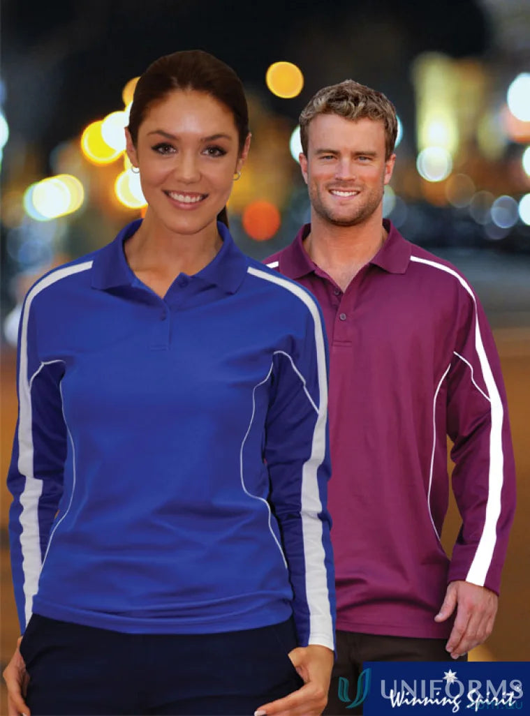 Two people wearing Legend Air L/S Polo, the true dry fashion long sleeve polo