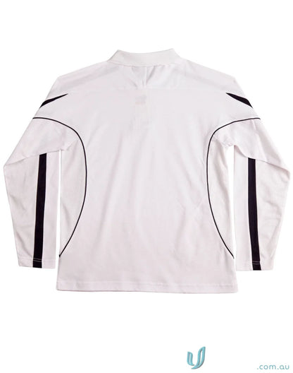 White long-sleeved athletic shirt with black accents from Legend Air L/S Polo, perfect for dry fashion long sleeve polo style