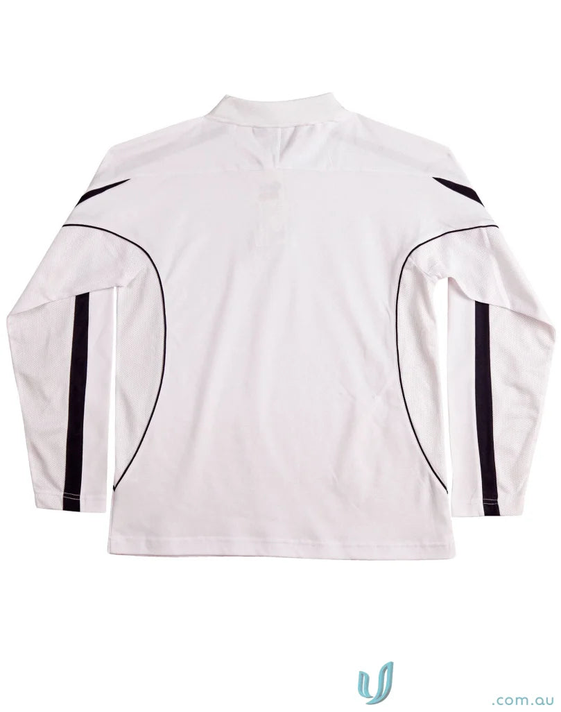 White long-sleeved athletic shirt with black accents from Legend Air L/S Polo, perfect for dry fashion long sleeve polo style