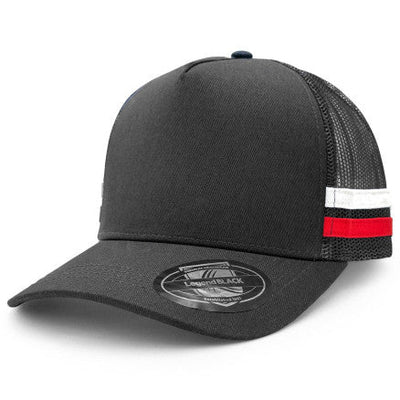 Legend black trucker hat in premium cotton twill with striped mesh side