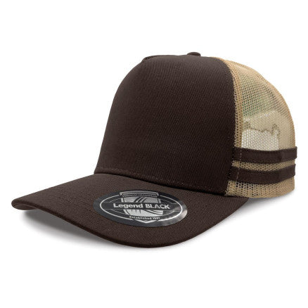 Legend striped trucker hat in brown tan with mesh back stripes