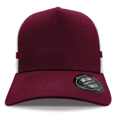 Legend Striped Trucker Hat in maroon white premium cotton twill