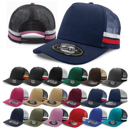 Legend Striped Trucker Hat in navy blue premium cotton twill with mesh back