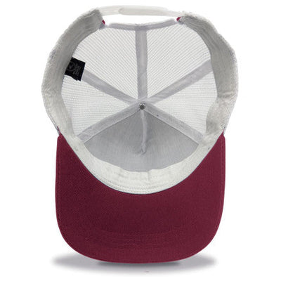 Legend striped trucker hat in white maroon premium cotton twill mesh back