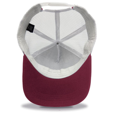 Legend striped trucker hat in white maroon premium cotton twill mesh back