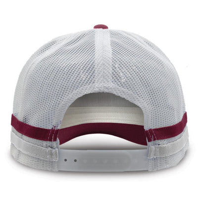 Legend Striped Trucker Hat in white mesh with maroon trim, premium cotton twill