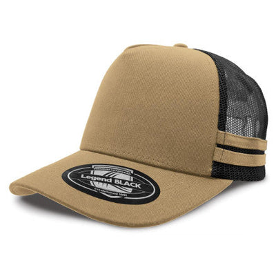 Legend striped trucker hat in tan black premium cotton twill mesh back