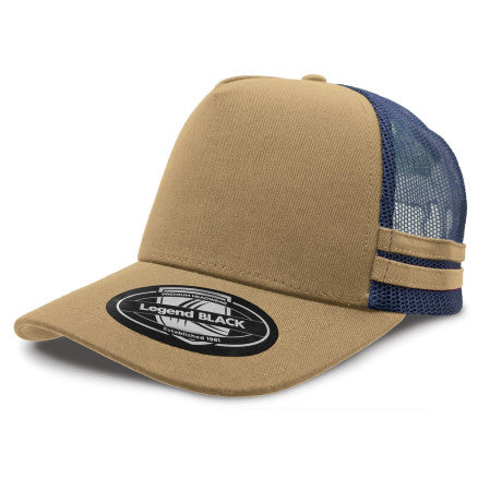 Legend striped trucker hat in tan navy with premium cotton twill mesh back