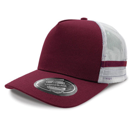 Legend Striped Trucker Hat in maroon white with premium cotton twill mesh back
