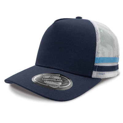 Legend Striped Trucker Hat in navy blue with premium cotton twill front