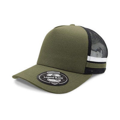 Legend Striped Trucker Hat in olive green premium cotton twill with legend black mesh back