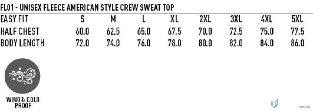 Unisex fleece sweatshirt size chart for LIDS Navy Crewneck work uniforms and workwear