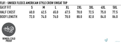 Unisex fleece sweatshirt size chart for LIDS Navy Crewneck work uniforms and workwear