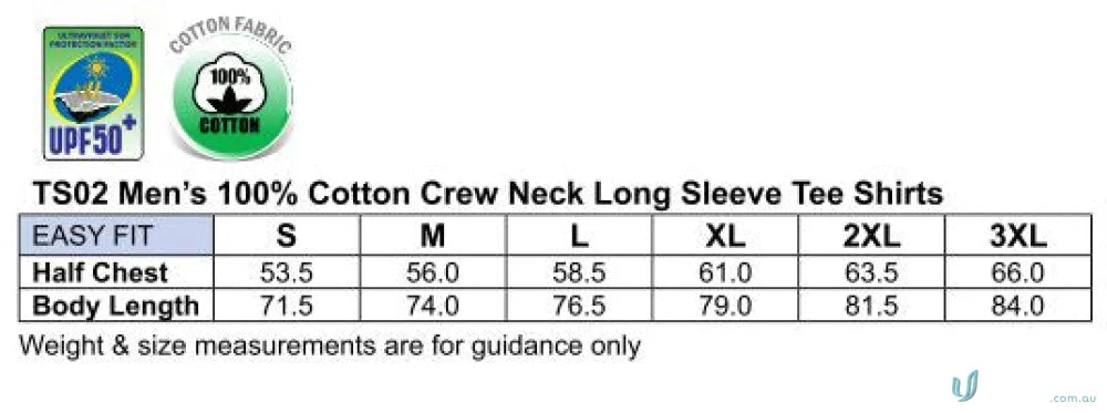 Men’s long sleeve cotton jersey tee shirt size chart for workwear and uniforms
