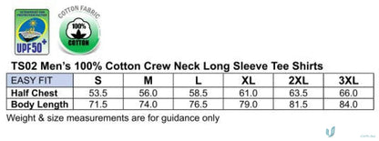 Men’s long sleeve cotton jersey tee shirt size chart for workwear and uniforms