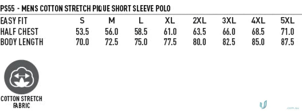 Men’s polo shirt size chart for LIDS work uniforms or workwear shirts